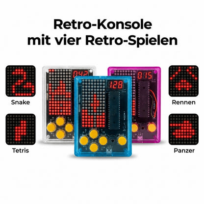 Pixel-Retro-Konsole mit vier Retro-Spielen